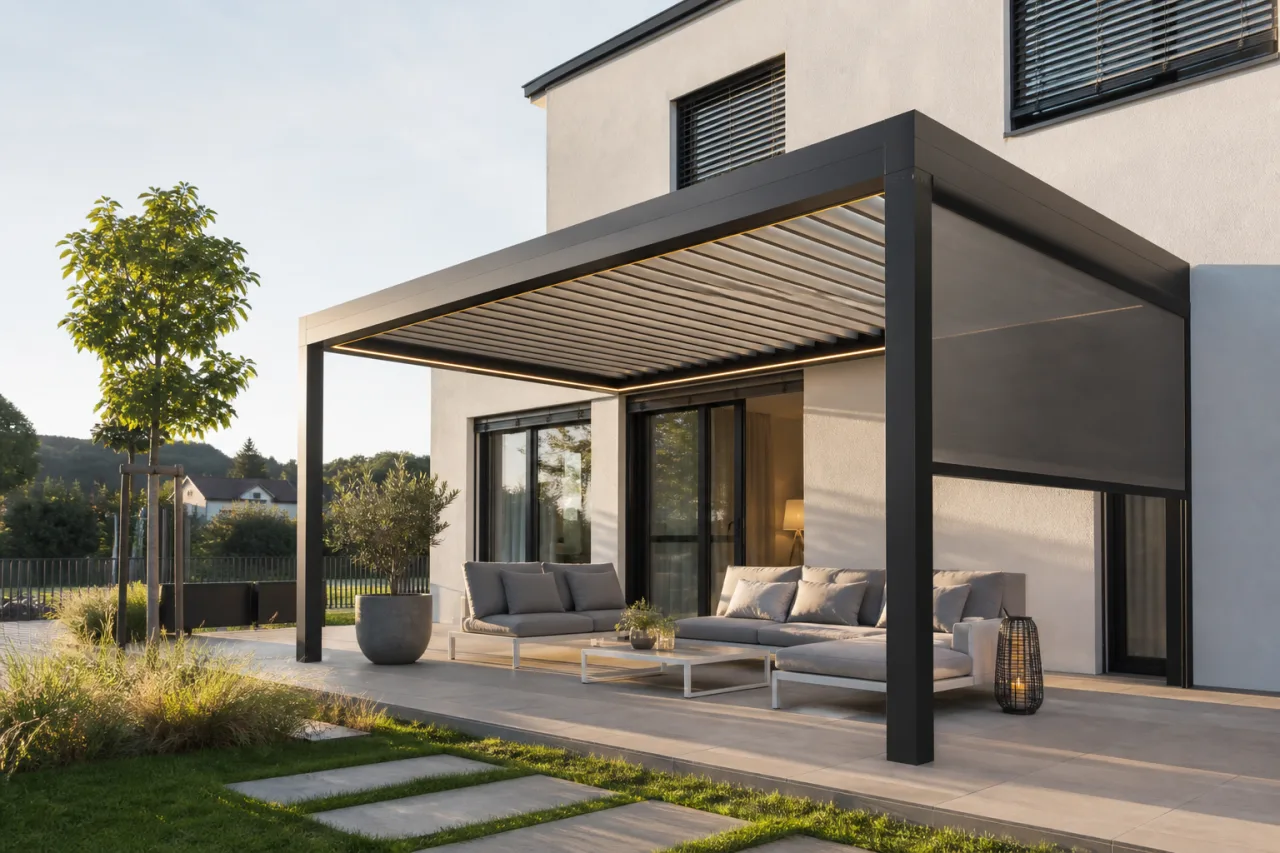 Moderní bioklimatická pergola s lamelovou střechou nad terasou