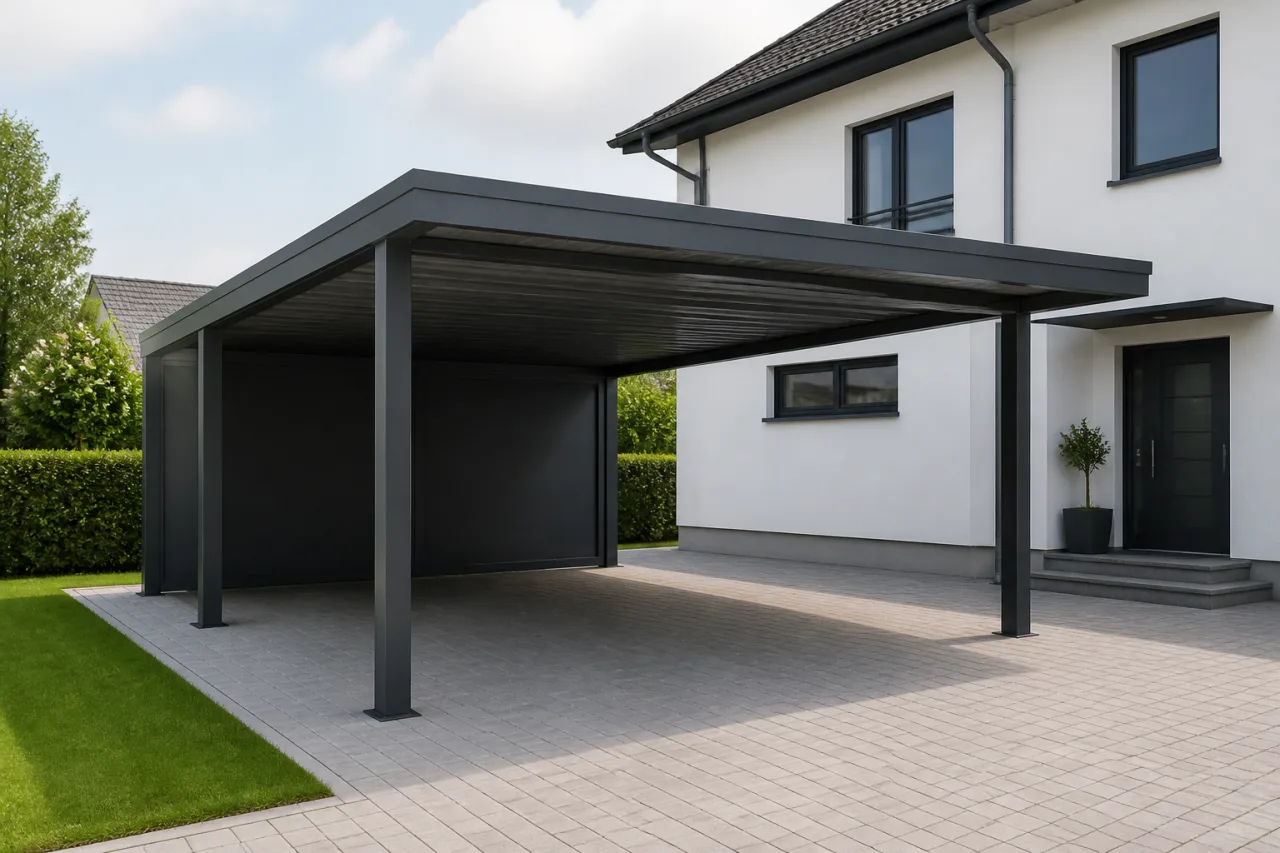 Moderní kovový carport pro dvě auta u rodinného domu