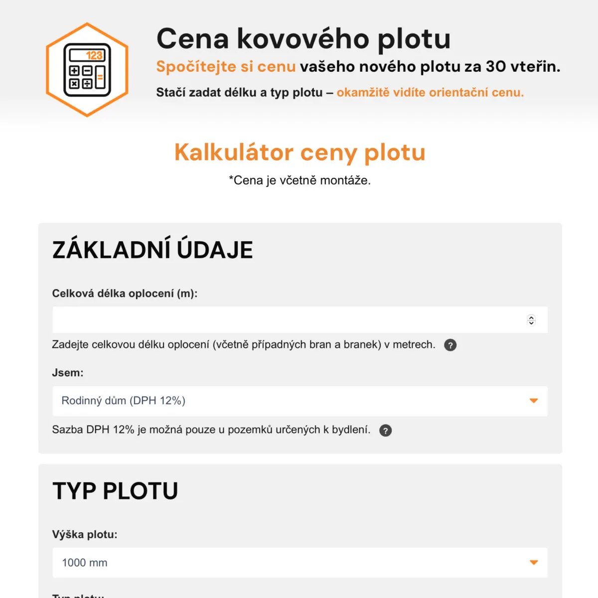 Kalkulátor kovového plotu Rozboud Kovo – základní údaje a délka oplocení